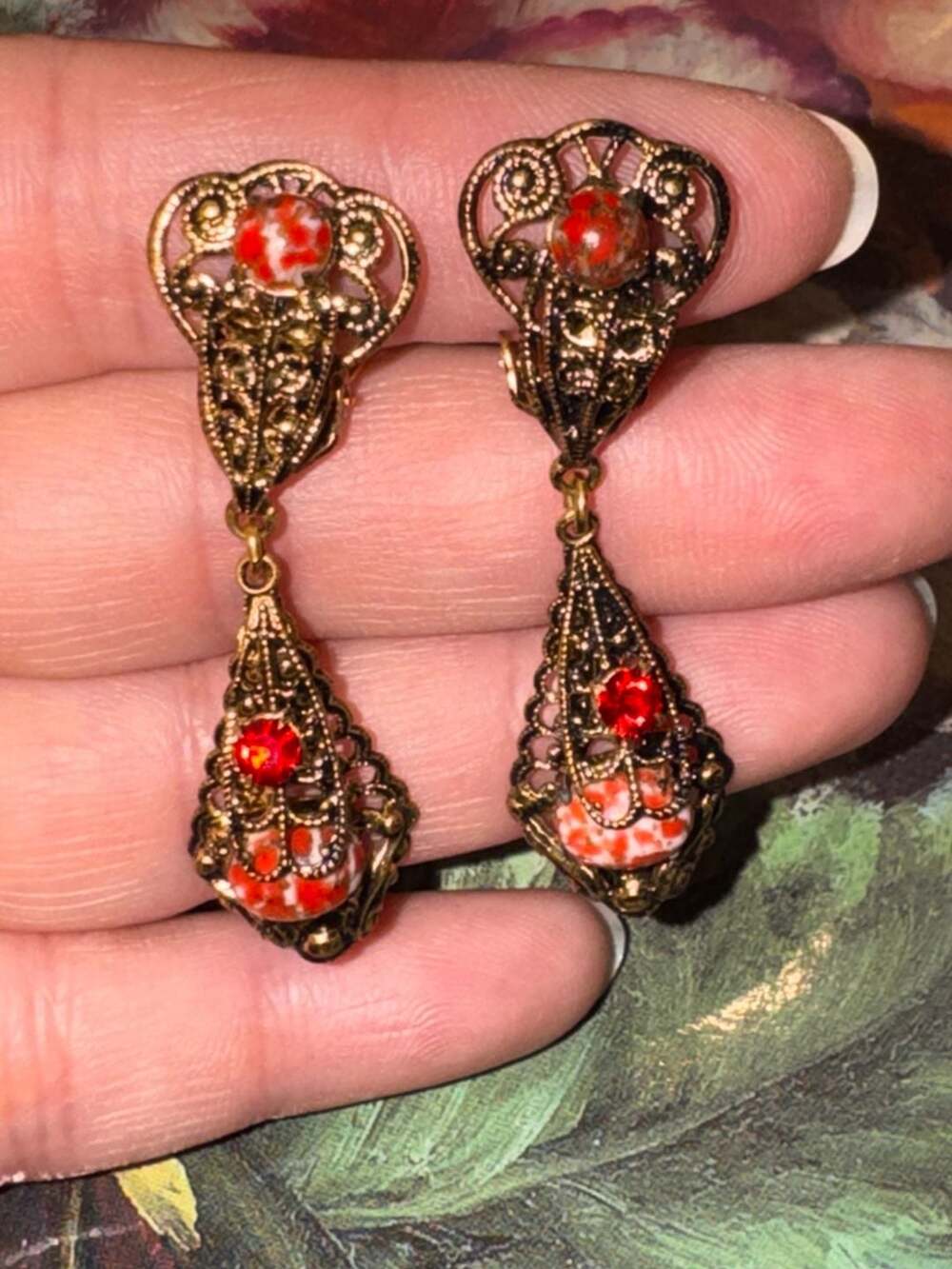 Vintage Czechoslovakia Filigree Clip-On Dangle Earrings Red Art Glass